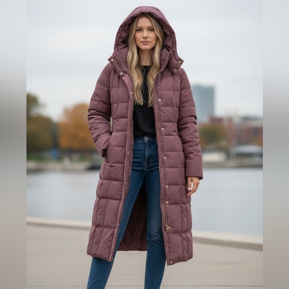 Cole Haan Long Quilted Hooded Puffer Coat - Burgundy - Picture 4 of 6